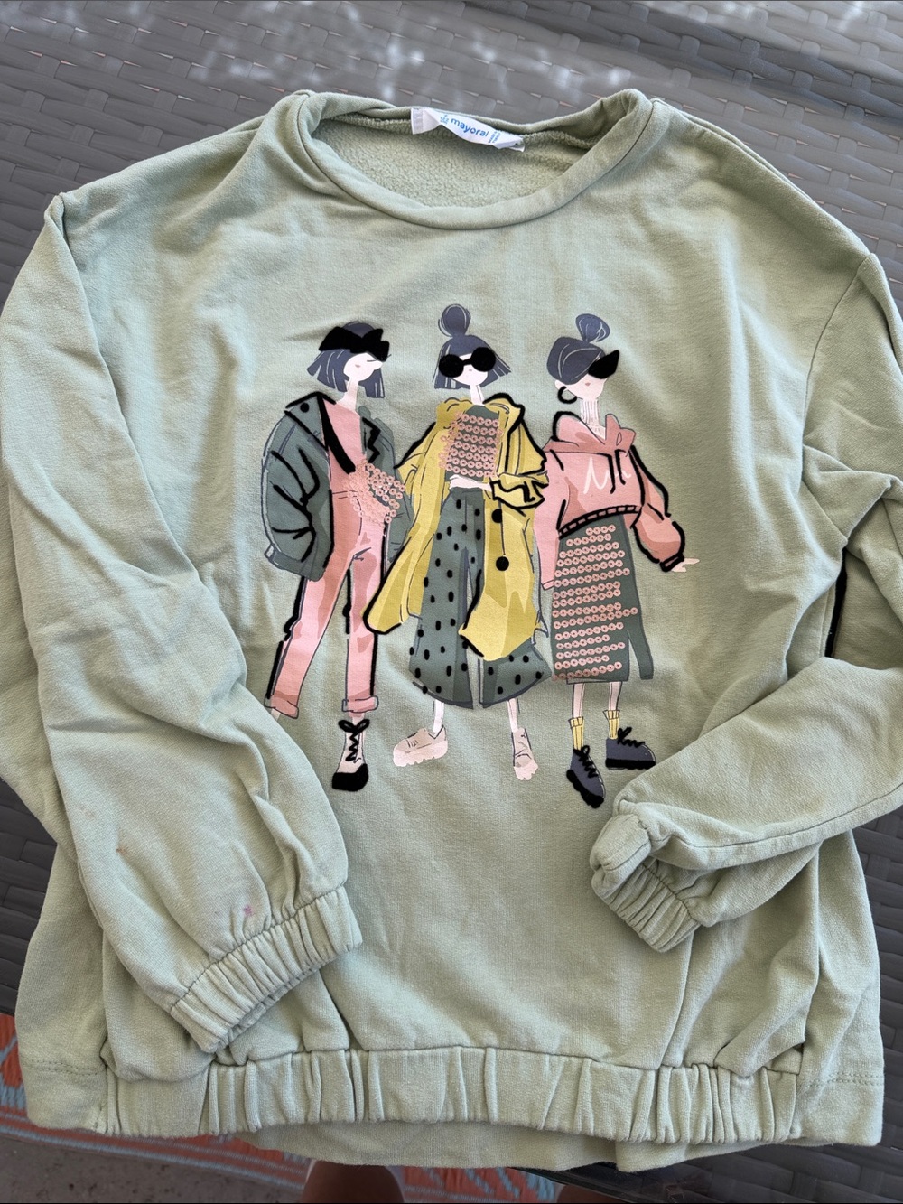 Mayoral Light Sage Green Graphic Sweatshirt with Pink and Yellow Accents